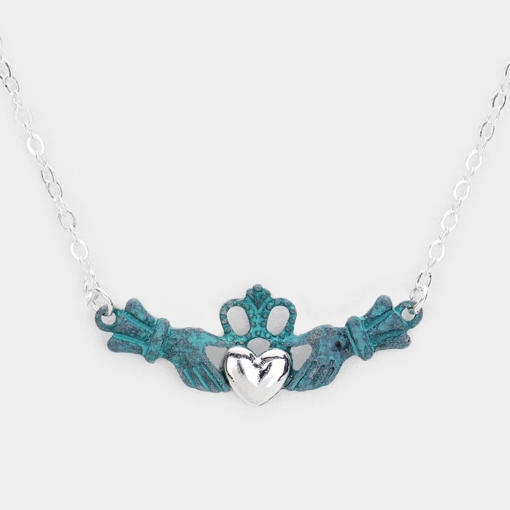 Patina Verdigris Silver Claddagh Heart Pendant Necklace Chain Hand Crown Charm